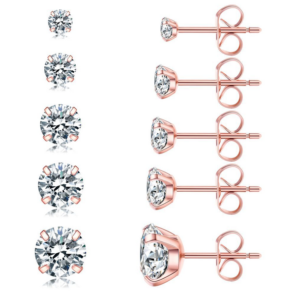 Hypoallergenic Cubic Zirconia Stud Earrings Set – Silver, Gold & Rose Gold