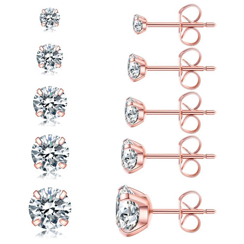 Hypoallergenic Cubic Zirconia Stud Earrings Set – Silver, Gold & Rose Gold