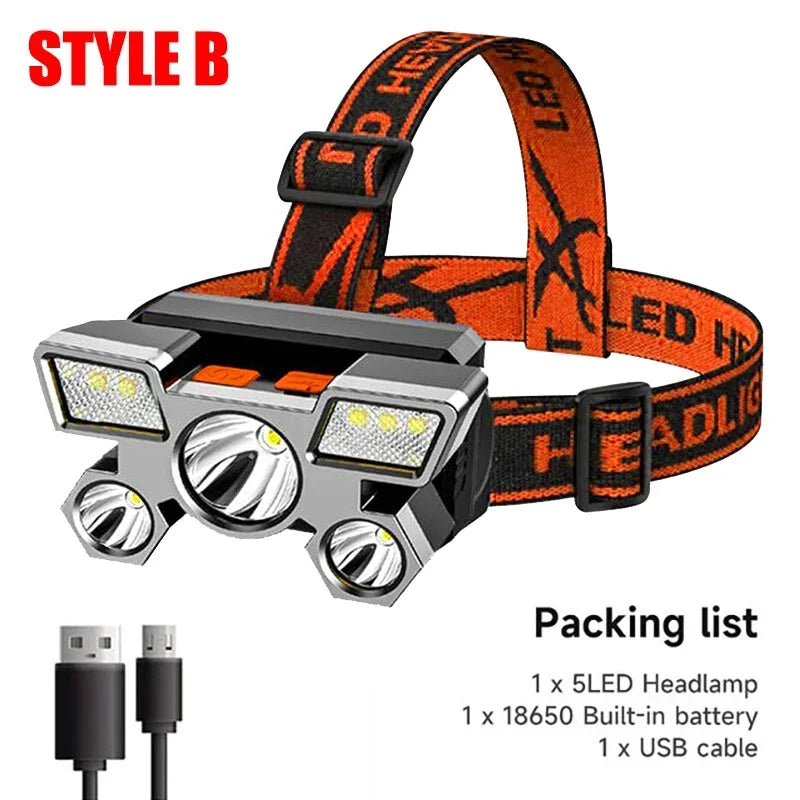 High-Quality 5 LED Rechargeable Flashlight with Built-in Battery  Strong Light Headlamp for Camping, Adventure, and Fishing