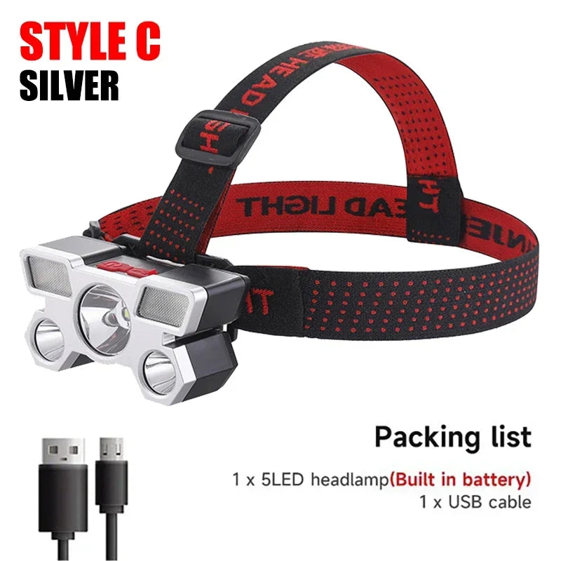 High-Quality 5 LED Rechargeable Flashlight with Built-in Battery  Strong Light Headlamp for Camping, Adventure, and Fishing