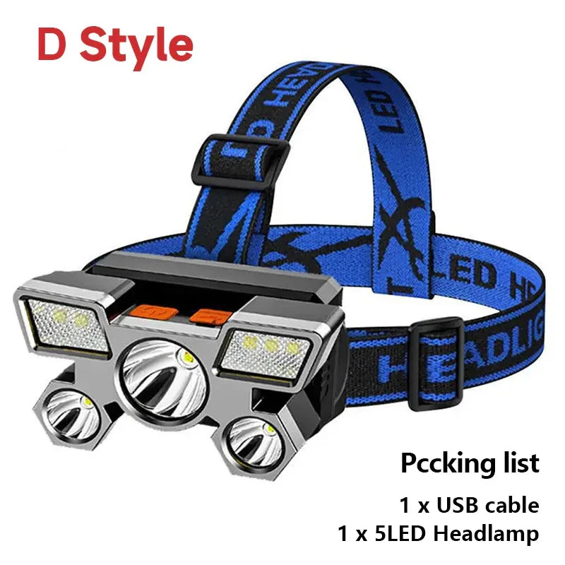 High-Quality 5 LED Rechargeable Flashlight with Built-in Battery  Strong Light Headlamp for Camping, Adventure, and Fishing