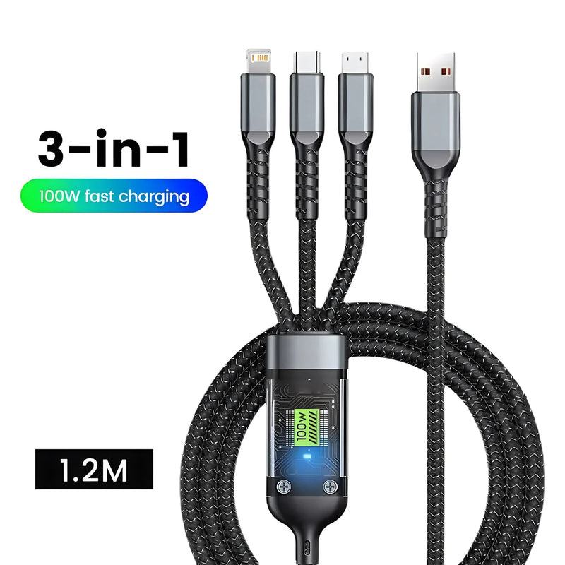 100W USB Charging Cable 3 In 1 Universal USB-C, Lightning, Micro USB
