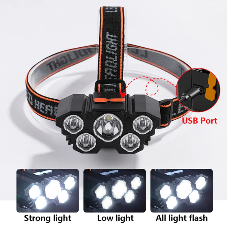 High-Quality 5 LED Rechargeable Flashlight with Built-in Battery  Strong Light Headlamp for Camping, Adventure, and Fishing