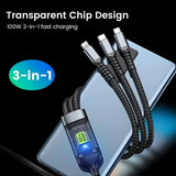 100W USB Charging Cable 3 In 1 Universal USB-C, Lightning, Micro USB