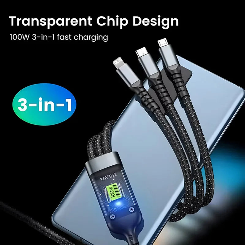 100W USB Charging Cable 3 In 1 Universal USB-C, Lightning, Micro USB