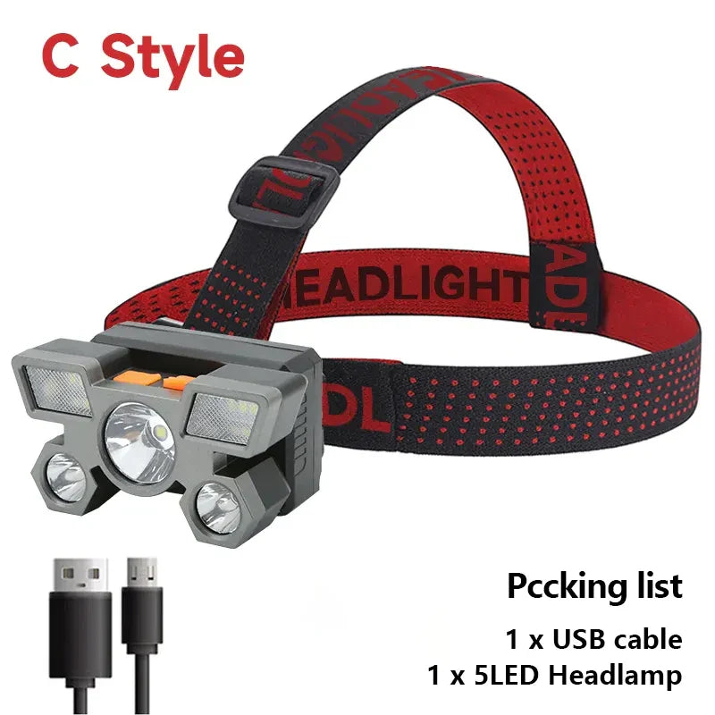 High-Quality 5 LED Rechargeable Flashlight with Built-in Battery  Strong Light Headlamp for Camping, Adventure, and Fishing