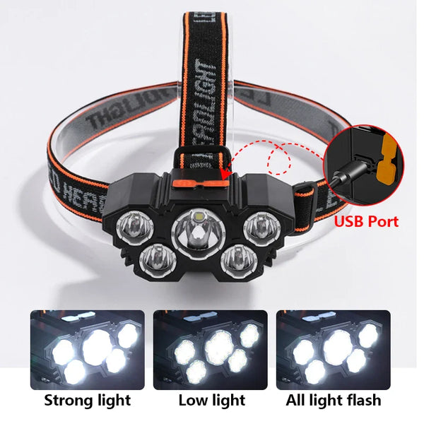High-Quality 5 LED Rechargeable Flashlight with Built-in Battery  Strong Light Headlamp for Camping, Adventure, and Fishing