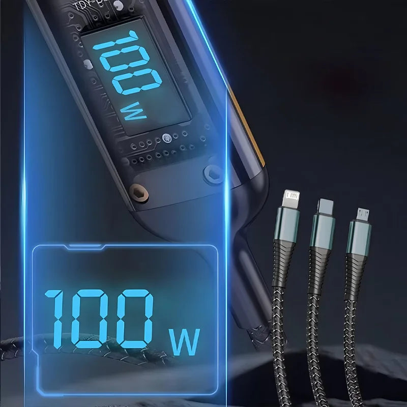 100W USB Charging Cable 3 In 1 Universal USB-C, Lightning, Micro USB