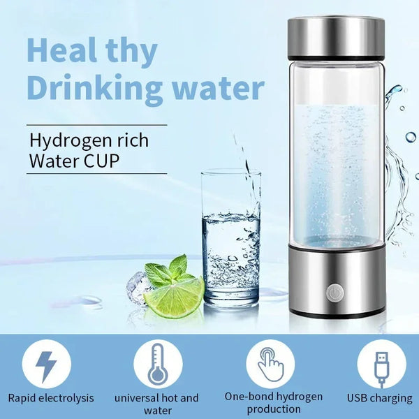 Portable Alkaline Hydrogen Water Bottle with SPE PEM Technology | 1600 PPB Hydrogen Rich Water in 3 Minutes | Borosilicate Glass Water Cup | 2-in-1 Usage Modes