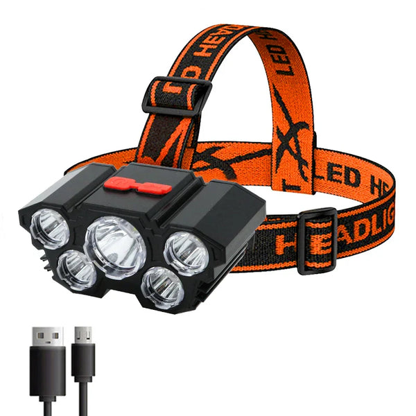 High-Quality 5 LED Rechargeable Flashlight with Built-in Battery  Strong Light Headlamp for Camping, Adventure, and Fishing
