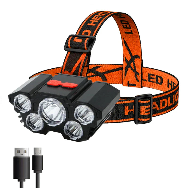 High-Quality 5 LED Rechargeable Flashlight with Built-in Battery  Strong Light Headlamp for Camping, Adventure, and Fishing